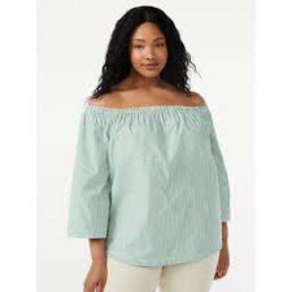 FREE ASSEMBLY Green Elasticated Off Shoulder Top with ¾-Sleeves - Picture 1 of 14